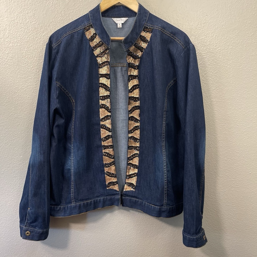 Coral Bay Sequin Embellished Denim Jacket Open Front Classy Glam Rock Size XL